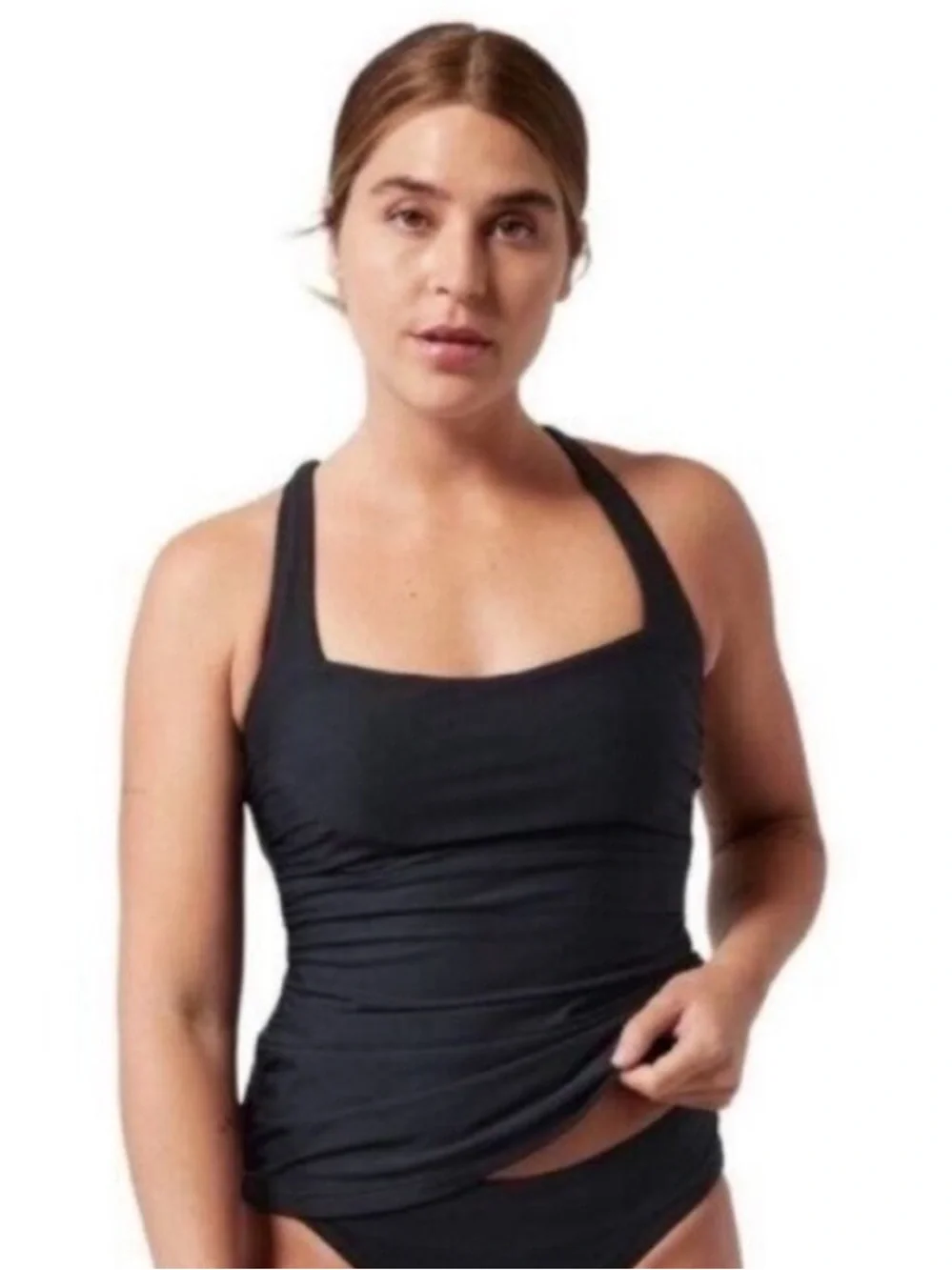Athleta Square Neck Bra Cup Swim Tankini Top Black UPF 50 32 B/C